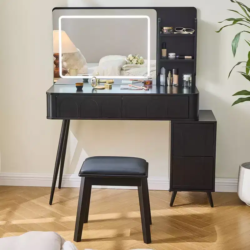 GDFStudio Rajiv Modern Vanity Set with Faux Leather Stool, 3-Color Lighted Mirror and Movable Side Cabinet