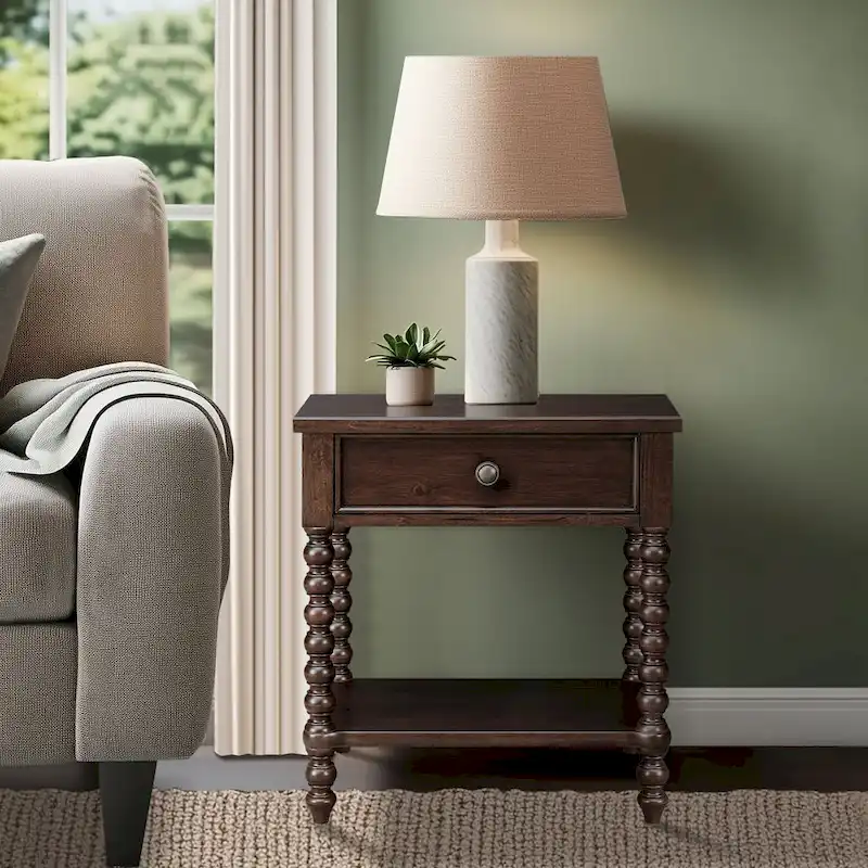 Beckett Turned Wood Spindle Nightstand with Drawer & Shelf