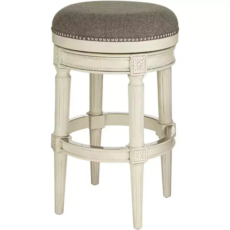 Wood Swivel Bar Stool Distressed White 30 1/2 High Traditional Gray Round Cushion with Footrest for Kitchen Counter Height