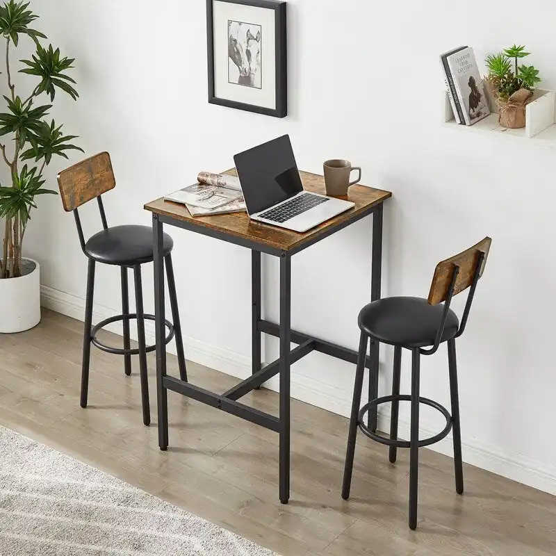 Eureka Industrial Bar Table Set, 3-Piece Dining Table and PU Upholstered Stools Set, Small Counter Height Pub Bistro Table Set