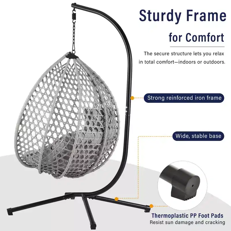 GDFStudio Anderson Hanging Egg Rattan Chair with Stand and Soft Removable Cushion