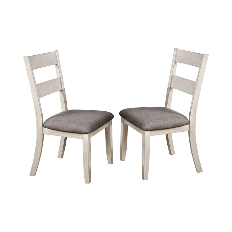 Farmhouse White Dining Chair Set of 2, Slat Back with Grey Upholstered Seat, 38.25