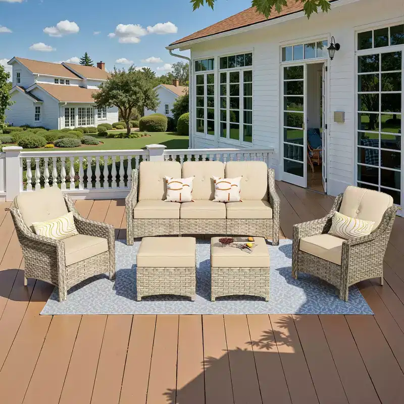 HOMLUX 5 PCS Outdoor Conversation Set 3-Seat Patio Sofa with Cushion, High Back Rattan Chairs, Ottomans