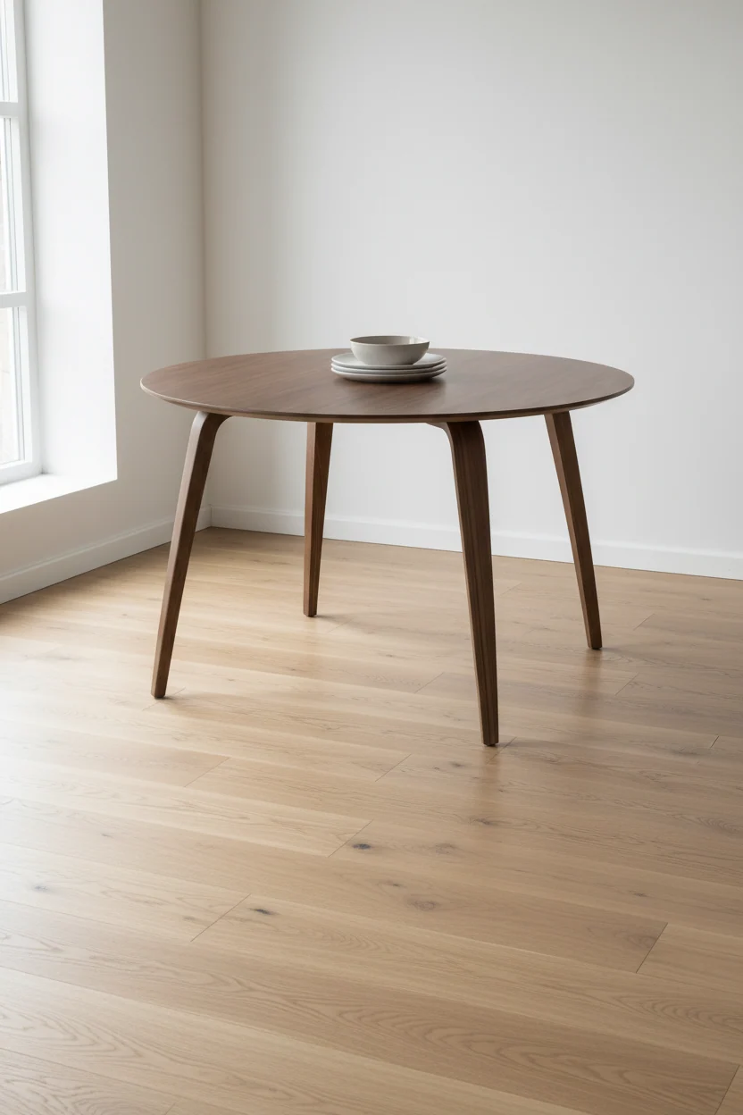 Scandinavian American Walnut Veneer Round Dining Table with Laminated Wood Base for Dining Room