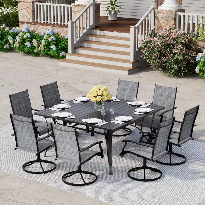 EROMMY 9 Piece Patio Dining Set, Outdoor Dining Table And Chairs Set For 8,Patio Furniture Set For Deck, Backyard, Lawn, Poolside, Brown/gray/blue