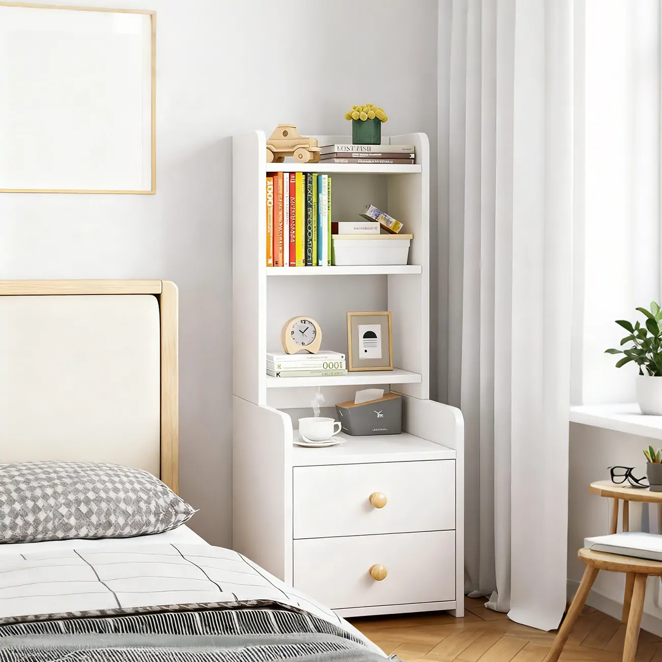 Modern Tall Wood Spacious Shelves 2-Drawer Nightstand