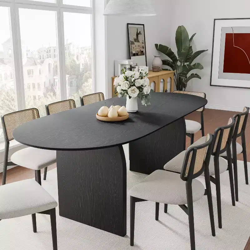 79 Farmhouse Oval Black Dining Table for 6-8 People with Round Arched Table Legs for Dining Room and Living Room