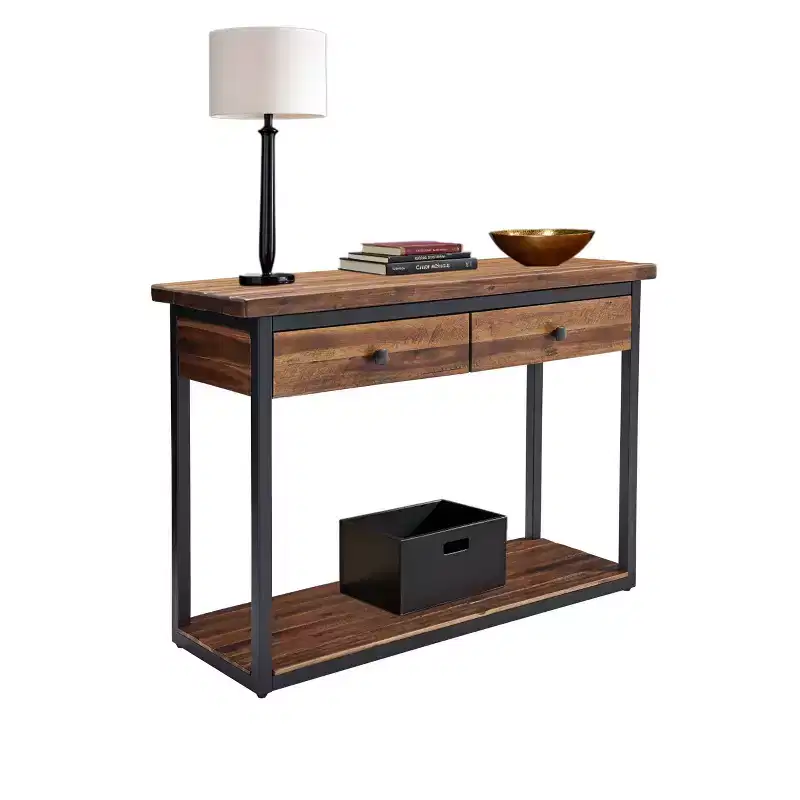 Claremont Rustic Wood Console Table with Two Drawers and Low Shelf Dark Brown - Alaterre Furniture: Industrial Style, Metal Frame, Entryway Storage