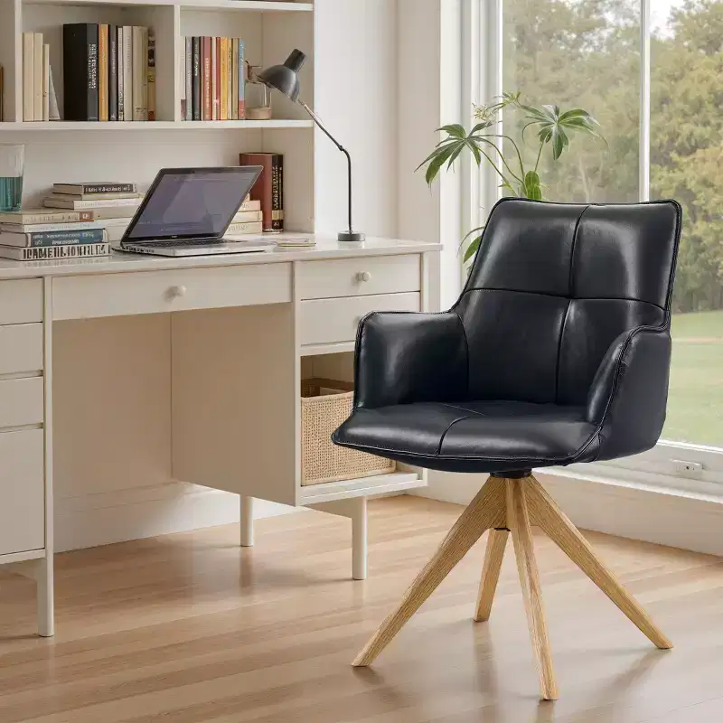 Art Leon Luxury Top Grain Genuine Leather Swivel Accent Office Chairs with Wood Legs