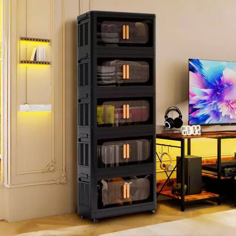 5 Tiers Plastic Folding Storage Cabinets with Magnetic Doors Wheels, Closet Organizers and Storage Containers Black for Small Space