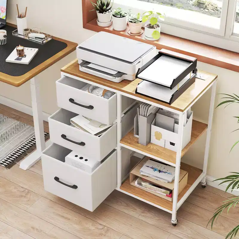 3-Drawer Mobile File Cabinet with Charging Station & Open Storage Shelves
