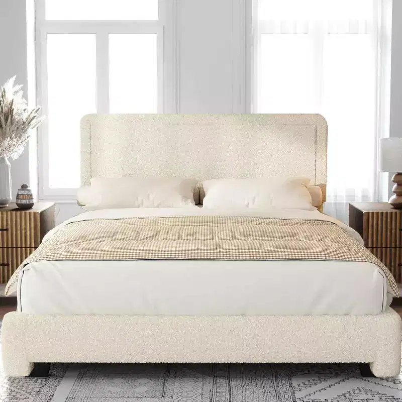 Dyonery Boucle Bed Frame, Modern Cream Bed Frame with Headboard, Soft Rounded Corners, No Box Spring Required, Adjustable Headboard, Easy Assembly