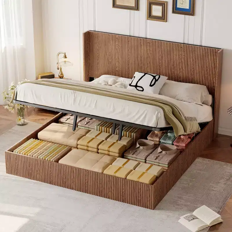 JVNOXK Extra-Large Wave-Pattern Storage Bed Frame with Lift-Up Storage Function, Springless/Noise-Free, Brown Slatted Natural Wood, Brown