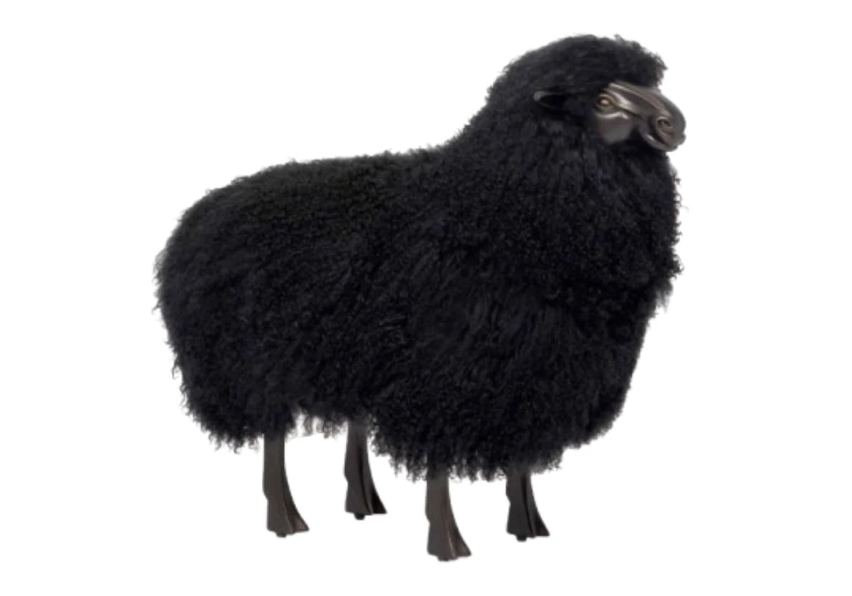 Nordic Iron & Sheepskin Sheep Sculpture with Bronze-Patina Frame for Living Room & Study