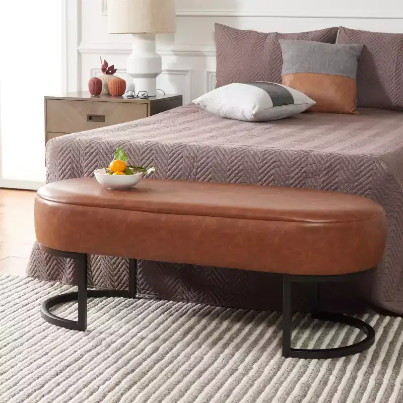 Oval Bench, Grey PU Leather Seat, Elegant Accent Seating - BCH6403