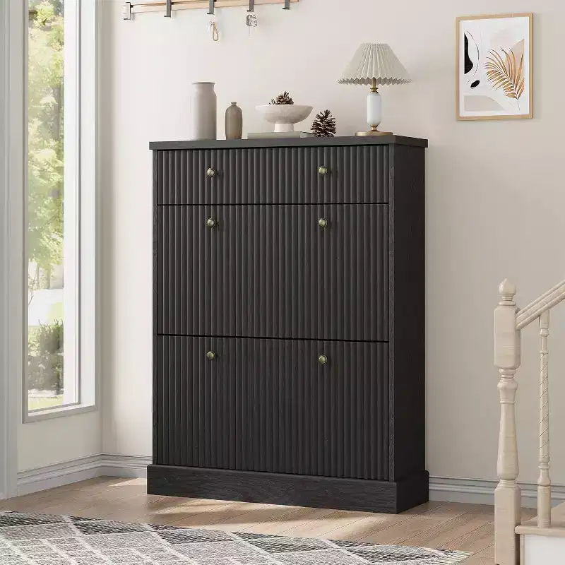 42 Tall Narrow Fluted Shoe Cabinet, 2 Flip Drawers and Top Drawer, Curved Profile, Wooden Organizer for Entryway, Hallway