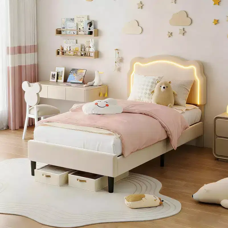 Twin Upholstered Smart LED Bed Frame with Headboard and LED, Velvet Princess Platform Bed Frame, Wooden Slats Support, No Box Spring Needed (Twin)