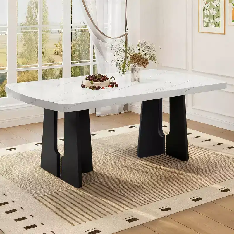 GDFStudio Hawkins 63 Modern Faux Marble Dining Table with Sturdy Geometric Legs
