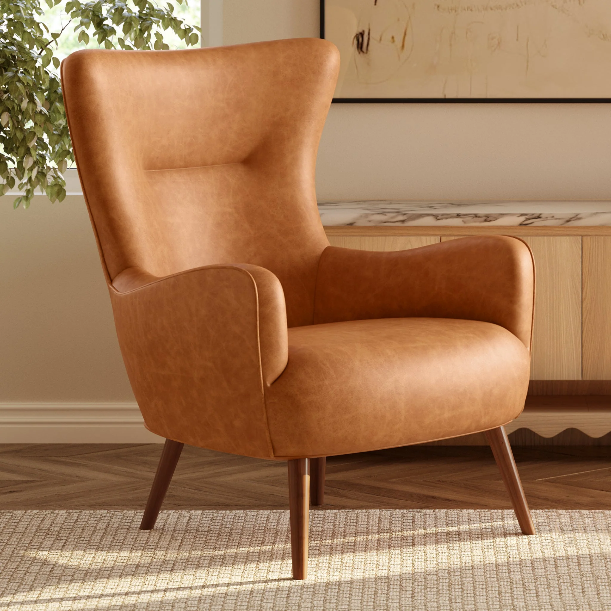 Traditional Cognac Tan Leather Lounge Chair with Kiln-Dried Wood Frame