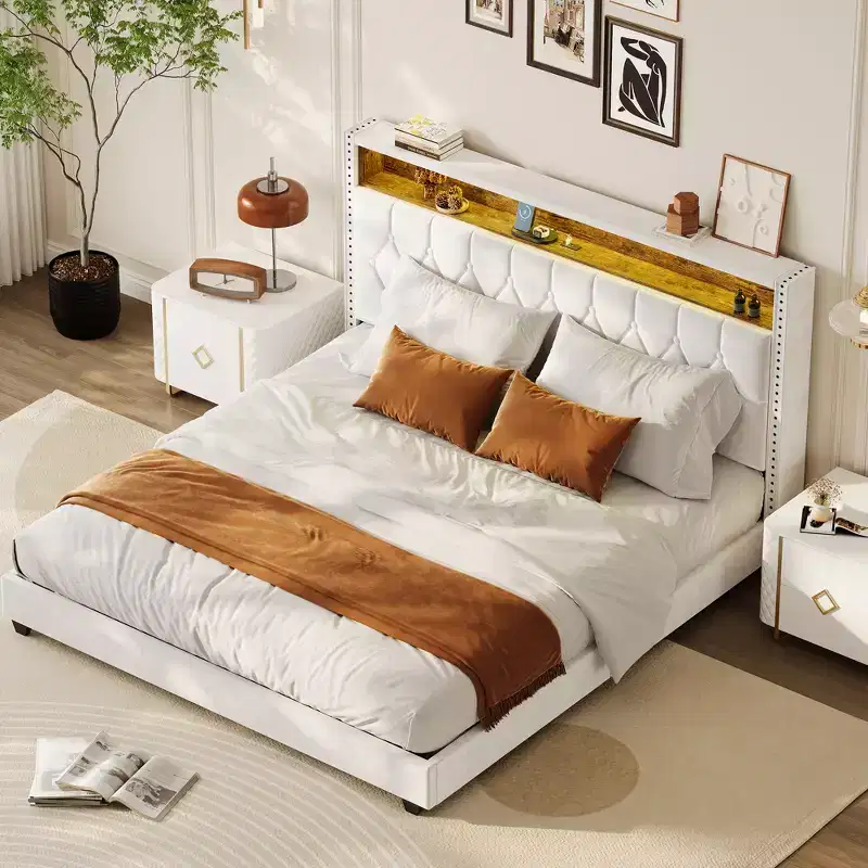 CuisinSmart Bed Frame, Upholstered Platform Bedframe with Headboard & Charging Station, No Box Spring Needed, Easy Assembly, Wood Slat Support