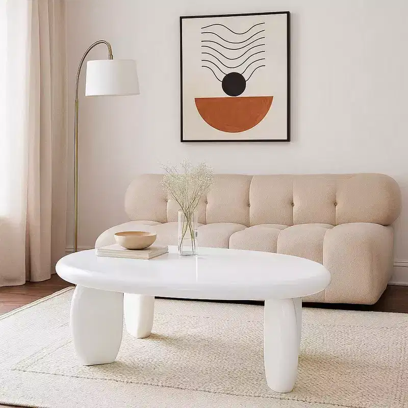 Royal Hampton End Table, 30 Inch Asymmetric, Tri Pebble Legs, High Gloss White