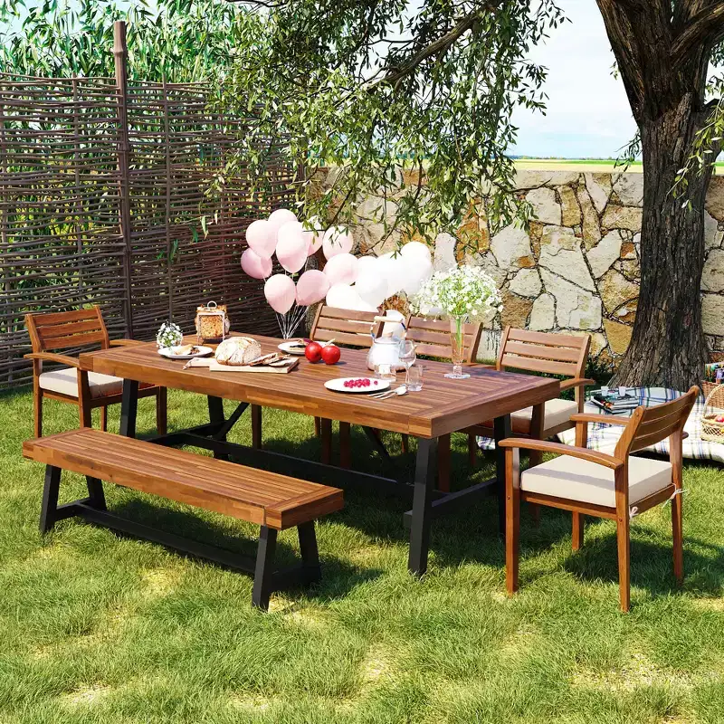 GDFStudio Murray Modern Farmhouse 7-Piece Acacia Wood Outdoor Dining Set with Table, Bench and Cushioned Chairs
