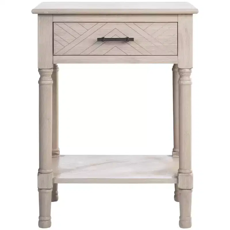 1-Drawer Accent Side Table with Herringbone Detail & Open Shelf, Distressed White