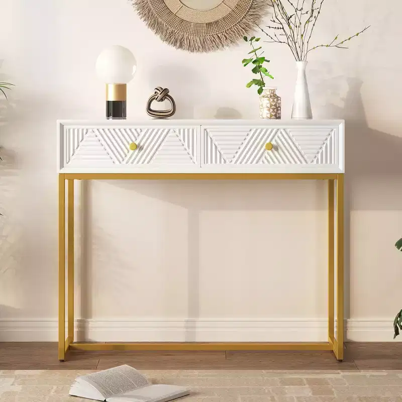 MAYEERTY Modern Narrow Console Table with Storage 2 Drawers Stripe Design for Living Room Hallway White