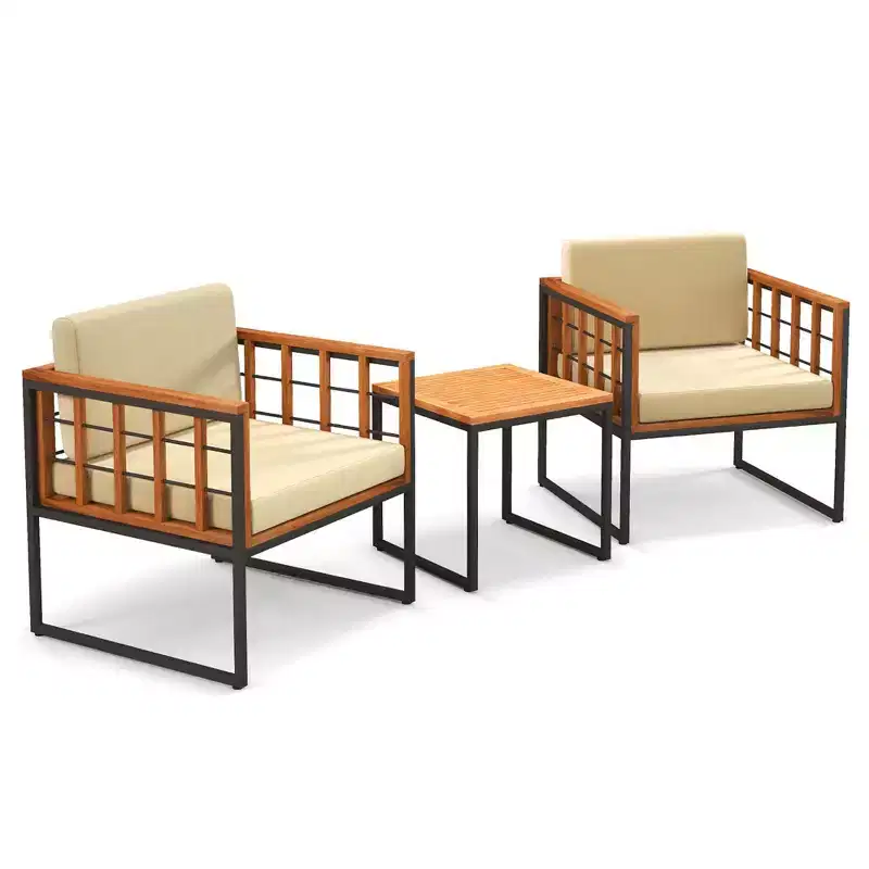 Costway 3 PCS Patio Chair Set Acacia Wood Sofa Set with Metal Support Soft Seat Cushions