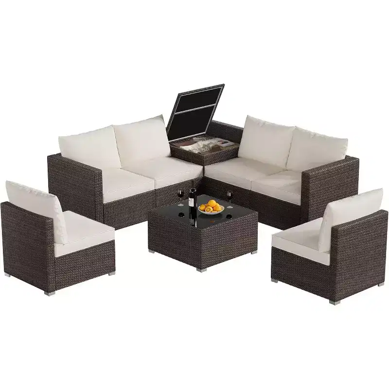 8-Piece Multifunctional Outdoor Patio Set, PE Rattan Sectional Sofa with Coffee Table & Storage Box, Brown & Beige