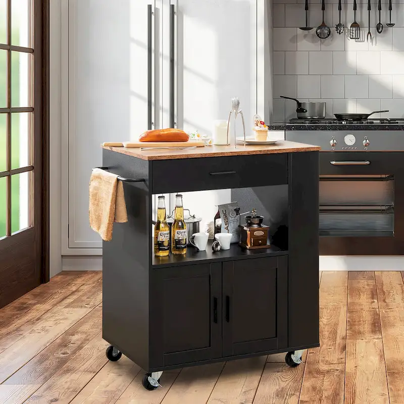 Kitchen Island Cart Rolling Storage Cabinet w/ Drawer & Rack Shelf