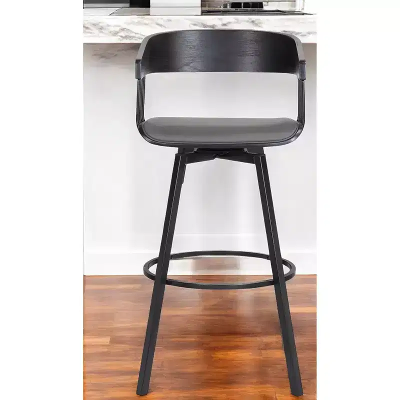HomeRoots 27 Gray and Black Faux Leather with Metal Swivel Counter Height Bar Chair