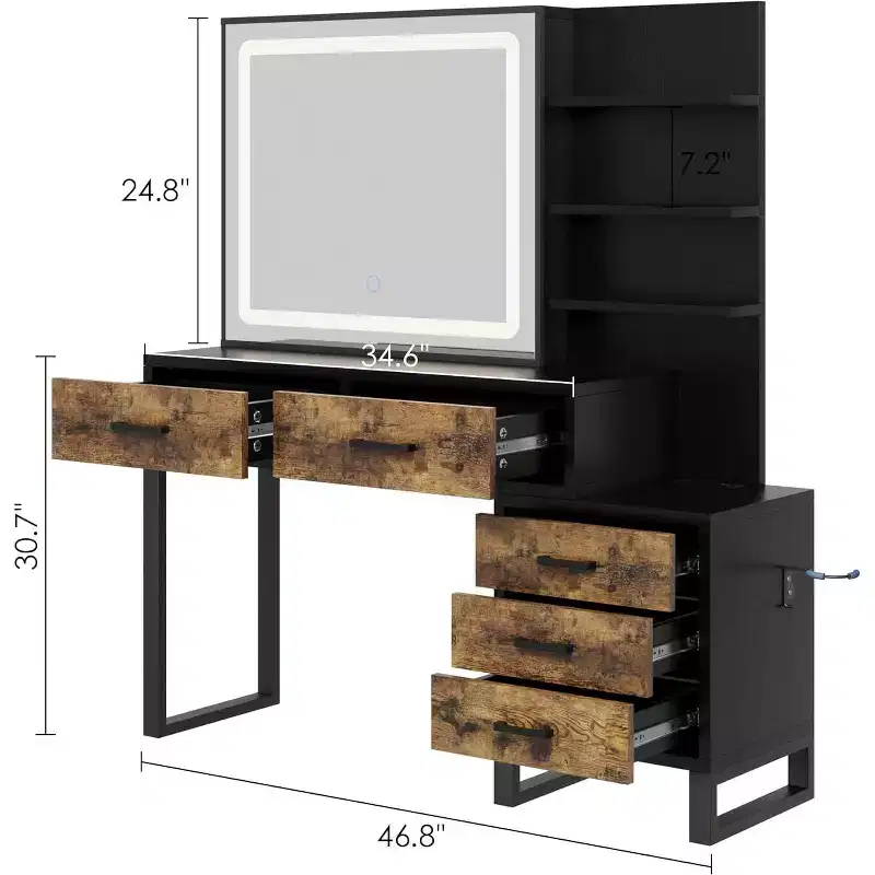 Vanity Desk with LED Mirror, Makeup Vanity Table with Drawers, Cabinet, Dressing Table with Open Storage Shelves for Bedroom, Dressing Room