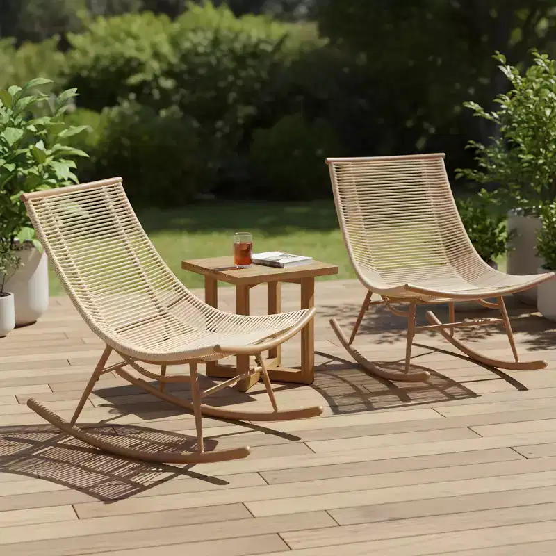 Christopher Knight Home Iolanda Farmhouse 3 Piece Patio Dining Set with Acacia Wood Table and Iron Rocking Chairs