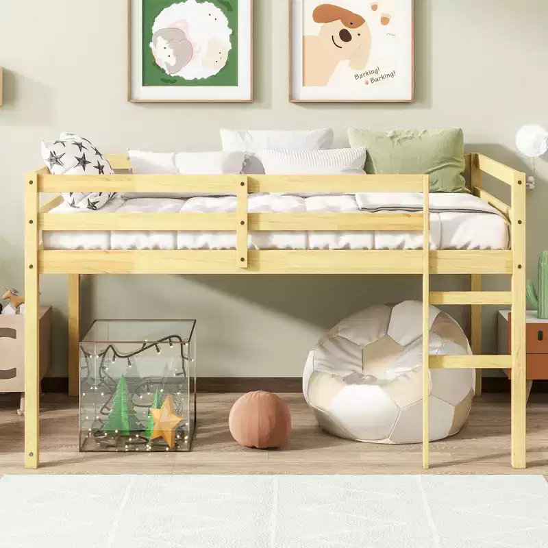 Twin Loft Bed Solid Rubber Wood with Ladder and Strengthened Slats Beige
