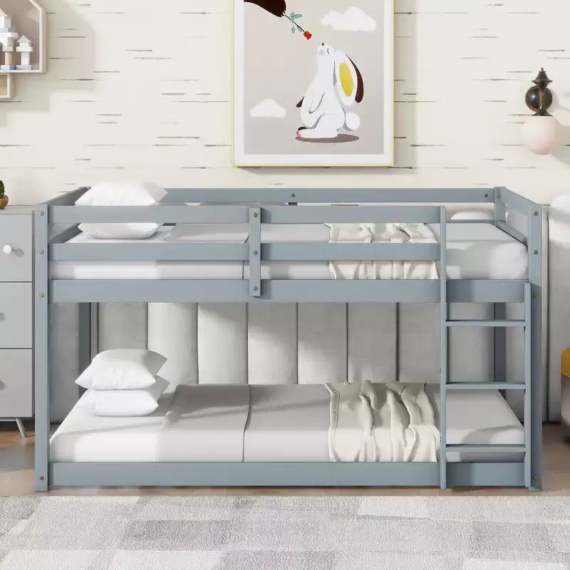 Solid Wooden, Twin Floor Bunk Bed wit Ladder, Upper and Bottom Bed Platforms Crafted with Stregthened Slats Gray