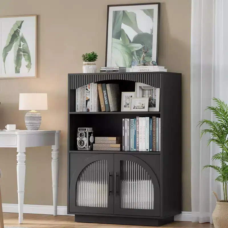 46 Bookshelf with Doors, Black Bookcase with Glass Door, 3 Tier Small Bookshelf