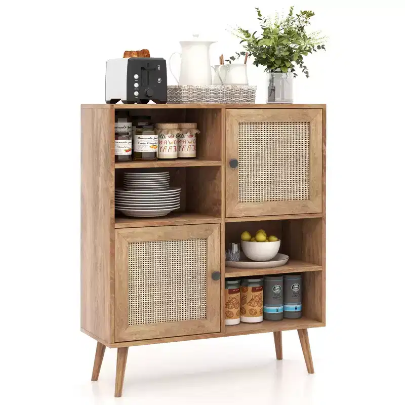 Rattan Buffet Sideboard Accent Storage Cabinet with Doors and Cubbies