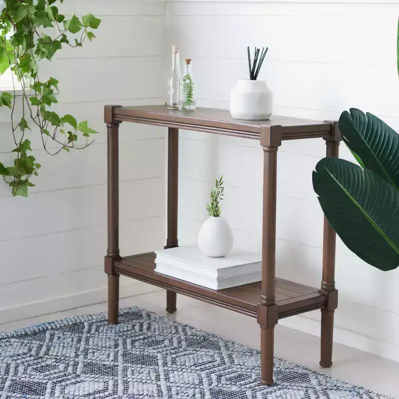 Distressed White Pine Console Table with Open Shelf, British Colonial Style