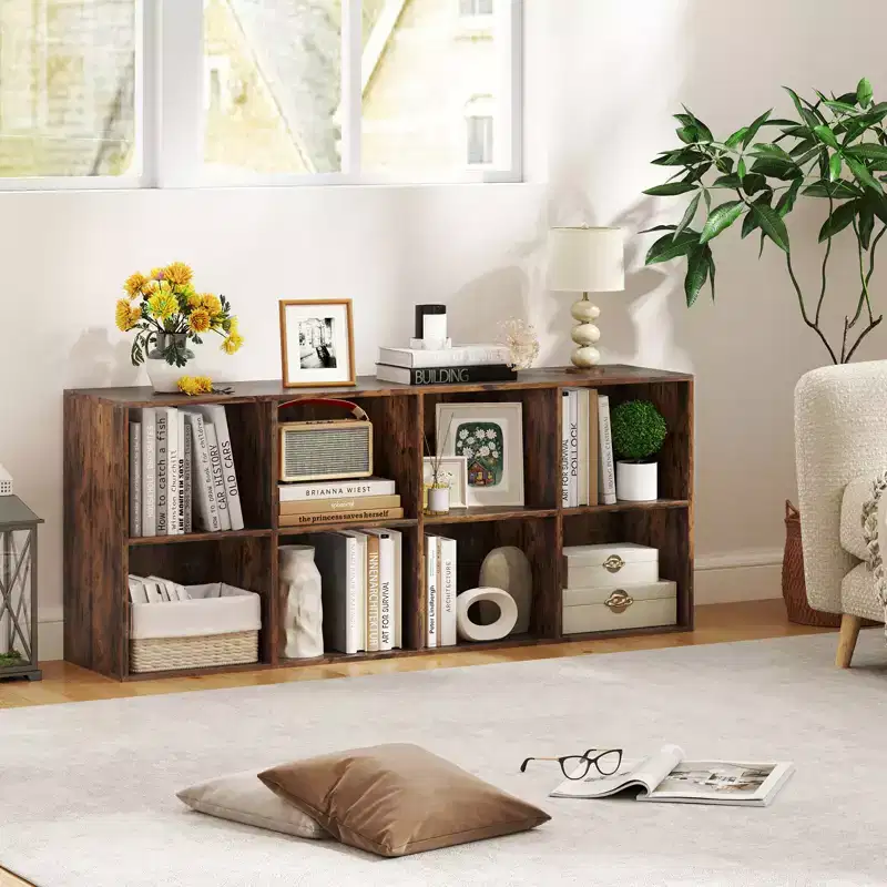 Costway 8-Cube Bookcase Bookshelf with 2 Anti-Tipping Kits Storage Organizer Rustic Brown/White