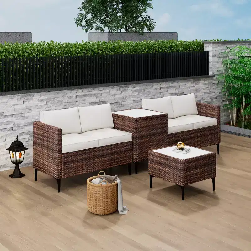 4-Piece Rattan Patio Set  Modular Sectional with Storage Box & Glass Table, Weather-Resistant for Outdoor Lounge, Balcony
