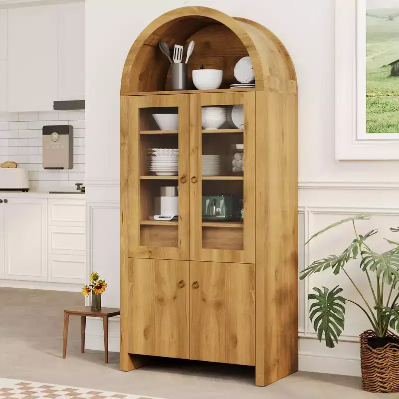 71 Inch Tall Arched Kitchen Pantry Cabinet, Farmhouse Storage Cabinet with Drawer, Shelves & Glass Doors for Dining Room or Apartment