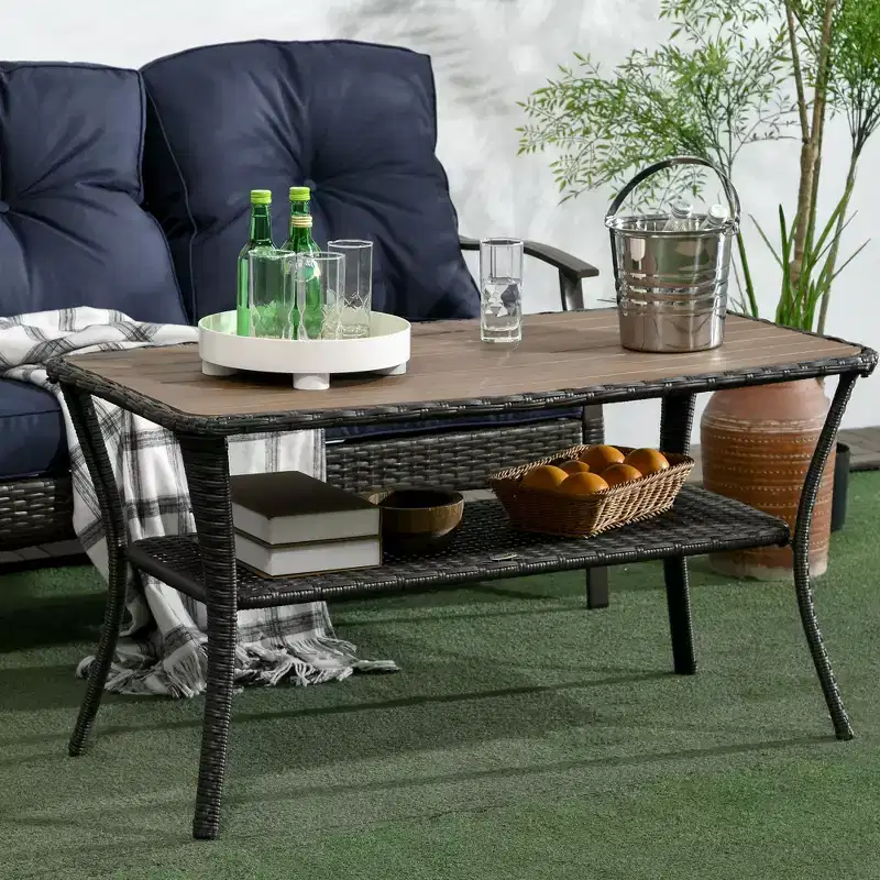 Outdoor Rattan Coffee Table with Storage Shelf | Wicker Mixed Brown