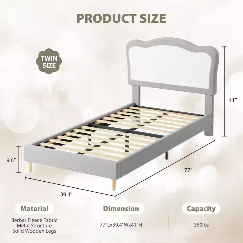 Fleece Bed, 350 lb Solid-Wood Legs, Velcro MDF Slats, Noise-Free, Tool-Free Assembly for Kids, Gray