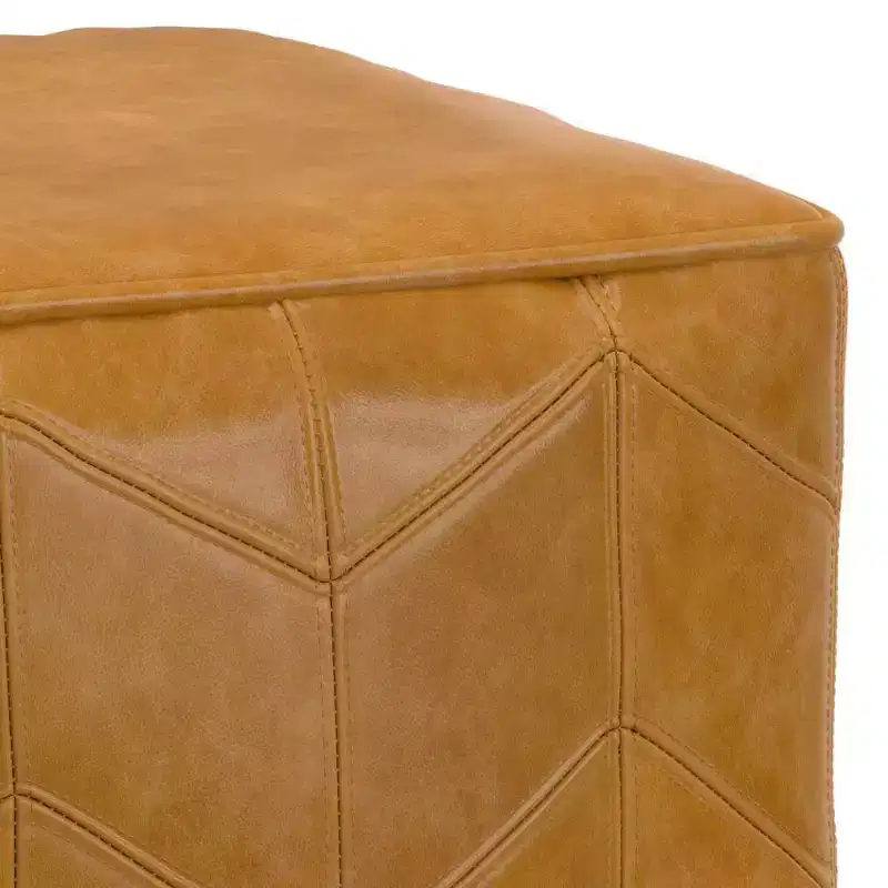 Square Pouf Brown: Chevron Genuine Leather, No Assembly, Padded Seating