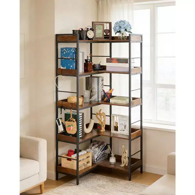 65 Reversible Corner Bookshelf  5-Tier L-Shape Industrial Bookcase with 4 Hooks, Metal Frame & Open Shelves - Brown