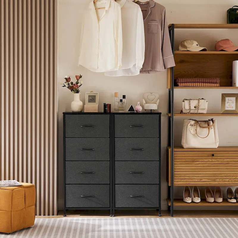 4-Drawer Fabric Dresser with Wood Top – Brown / White / Grey, Metal Frame, Single
