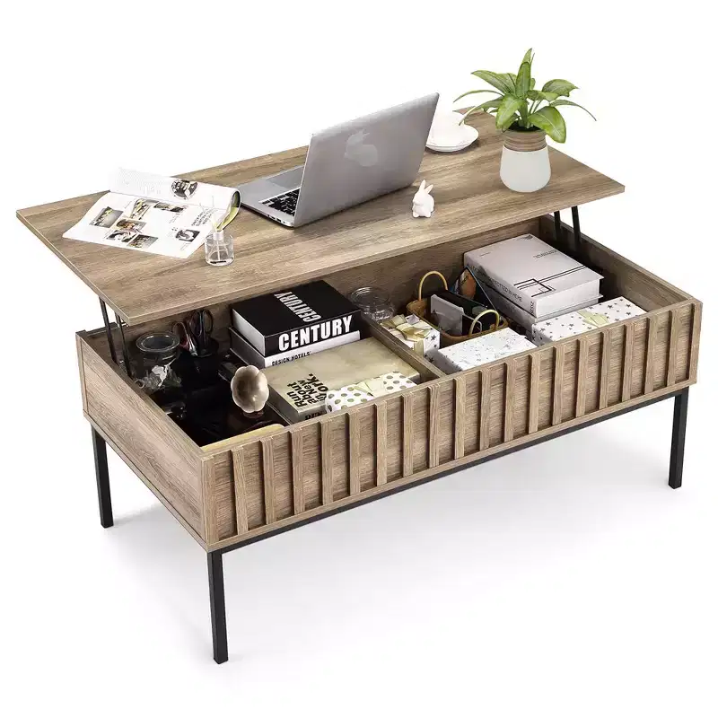 Lift Top Coffee Table with Hidden Storage, Teak Wood Finish, 43x22