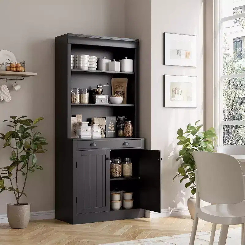 Modern Bookcase with Louvered Doors, Adjustable Shelves, Drawer & Cabinet, Safety Anti-Tip