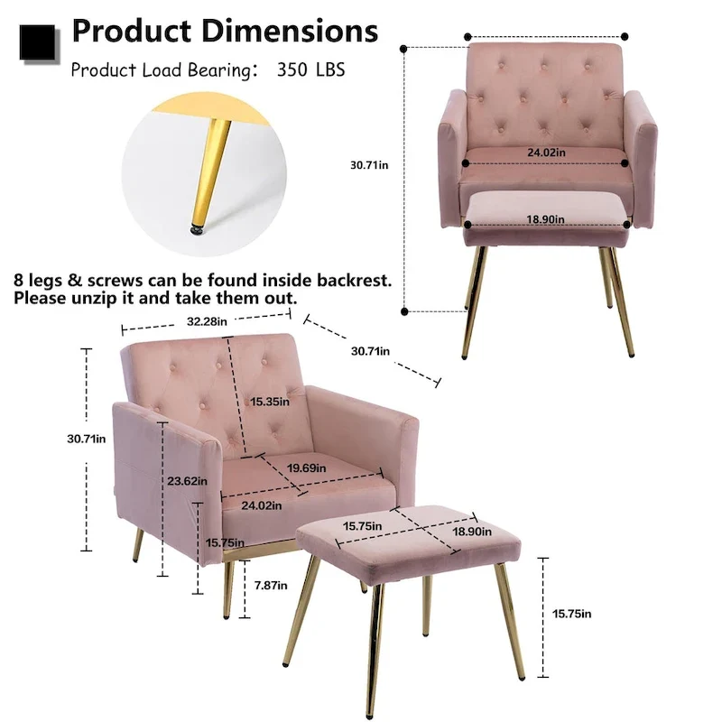 HOMEFUN Velvet Tufted Adjustable Armrests and Backrest Armchair with Ottoman